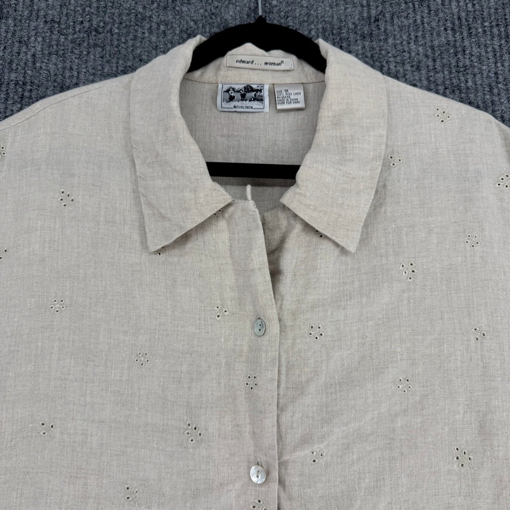 Vintage Edward Woman Irish linen eyelet button front blouse women's XL beige